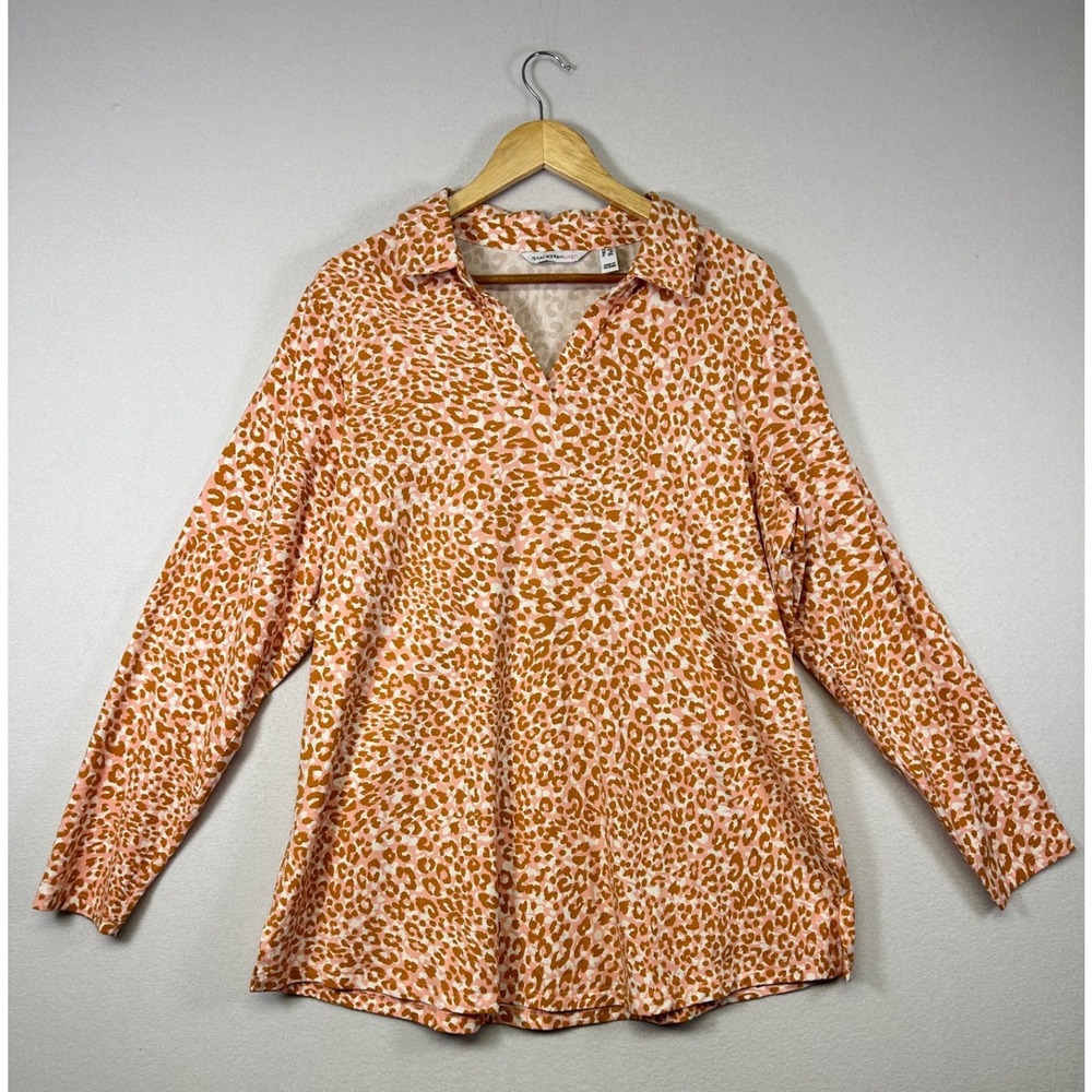 Animal Print Isaac Mizrahi Live Womens 1X Orange Pink Leopard Long Sleeve Tunic